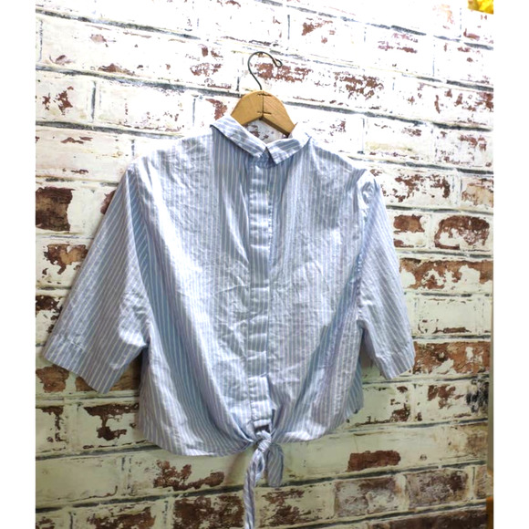 Zara Pinstripe Button Down Backwards Collared Patches Blouse - Picture 6 of 6